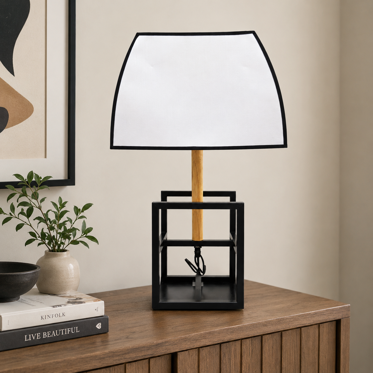 Geometric Black Frame Table Lamp with White Shade