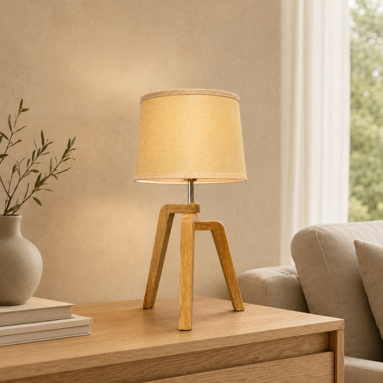 Wooden Tripod Table Lamp with Beige Fabric Shade